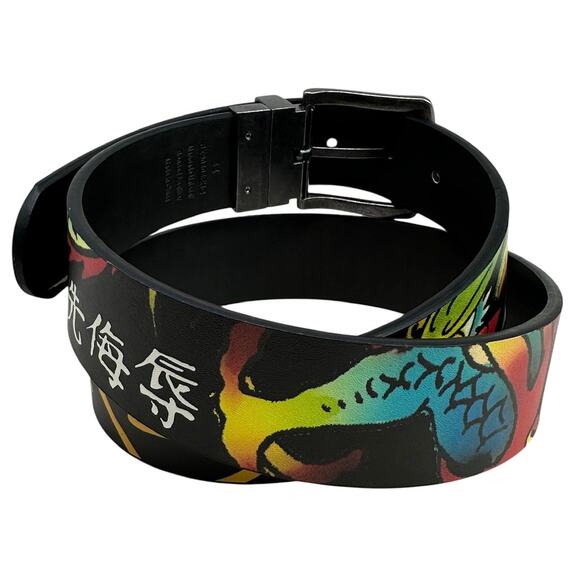 Ed Hardy Men's Dragon and Tiger Print Reversible Black Belt - Picture 3 of 7